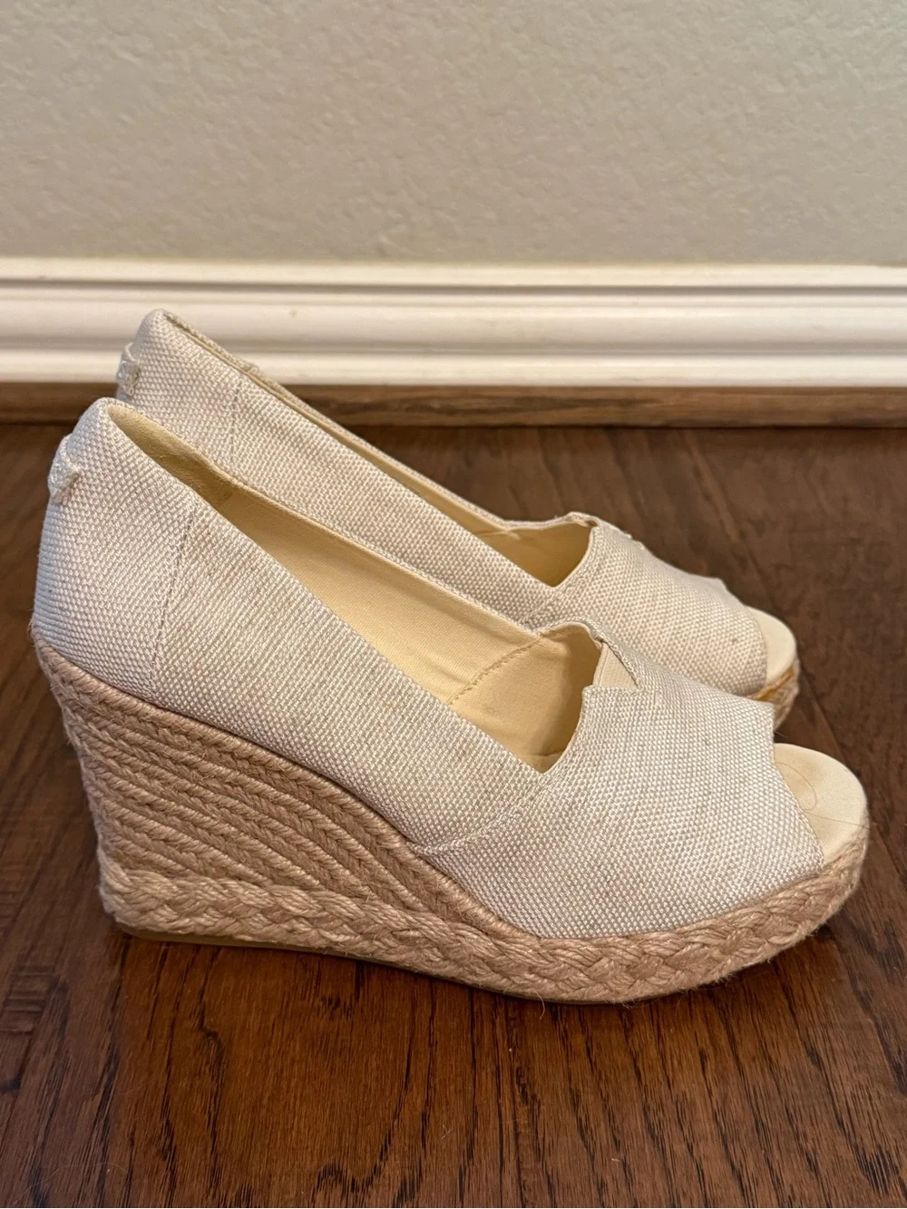 TOMS Michelle Natural Canvas Espadrille Open Toe Wedge Sandals Size 8 - Picture 2 of 15